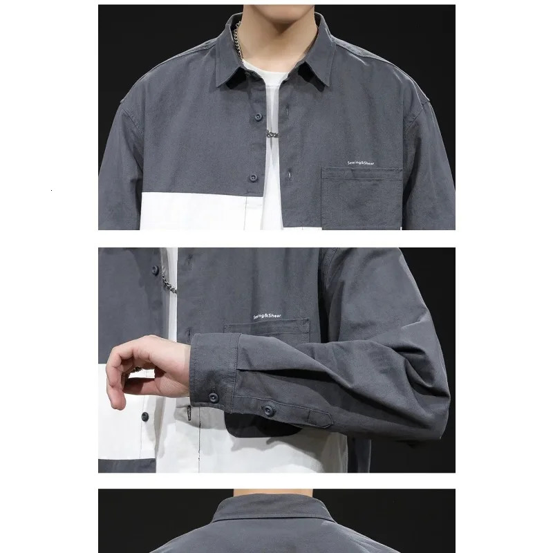 Mens Spring and Autumn Solid Color Button Pocket Shirt Long Sleeve Open Collar Casual Coat Fashion Collar Top 250402