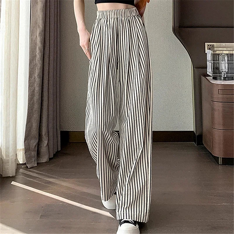 Classic Cotton and Linen Striped Womens Casual Pants Wide Leg High Waist Solid Pockets Minimalism Loose Trousers Female 250403