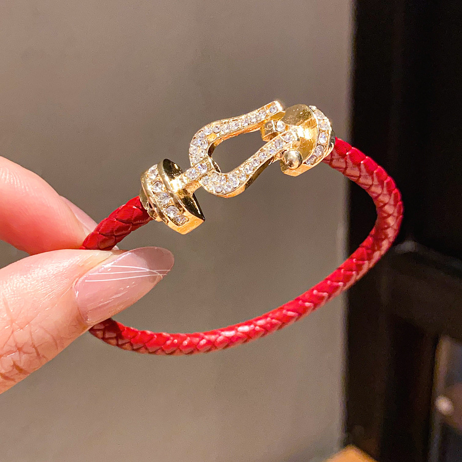Gold Toned Red Braided Leather Bracelet With Rhinestone Embellished Clasp Detail Delicate Daily Elegant Jewelry Gift For Her High Quality Stylish Acce