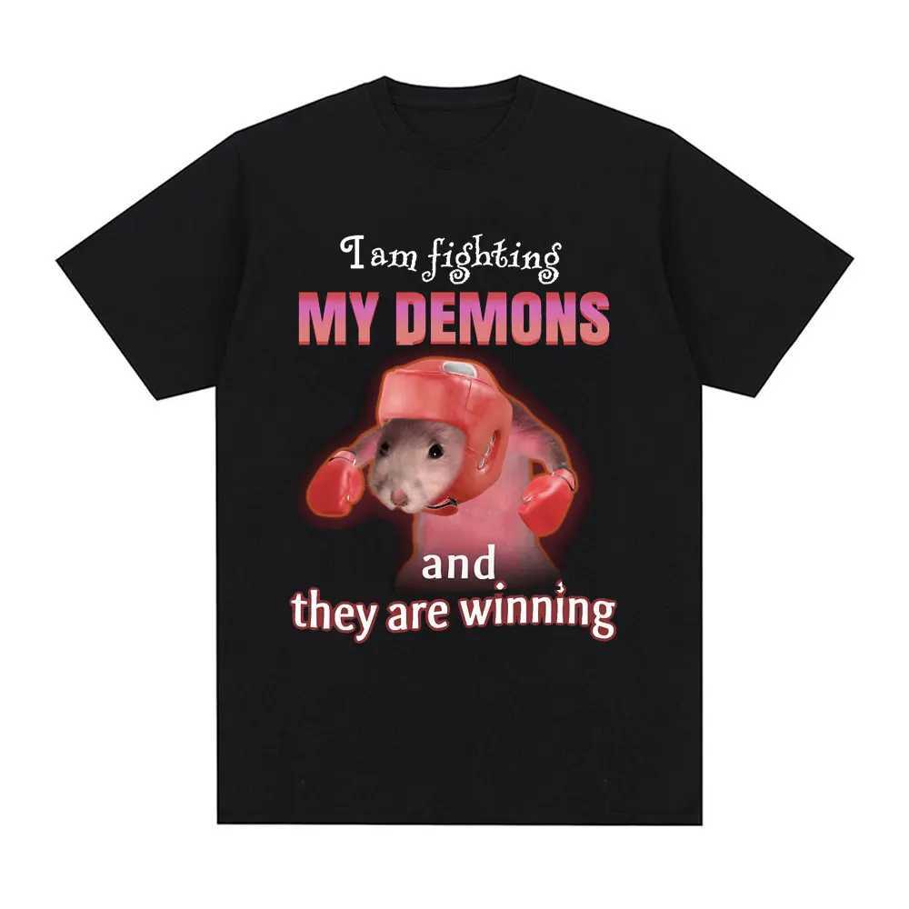 Funny I Am Fighting My Demons and The Are Winning Rat Meme T-shirt Men Fashion Creative T Shirts Short Sleeve Oversized T-shirts X250403