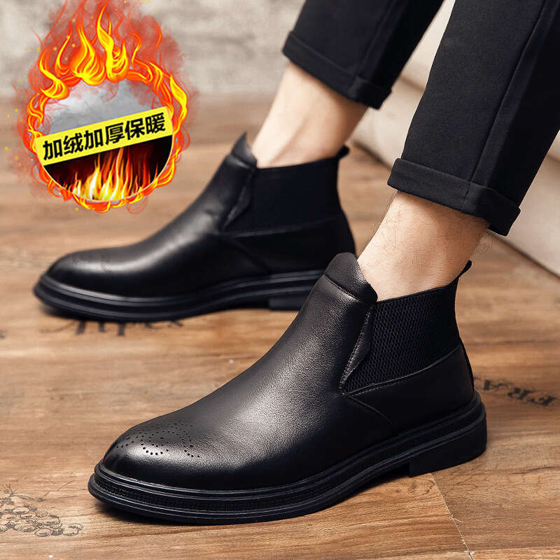 Large size cotton Block carved 2023 winter new British high top workwear leather shoes for men