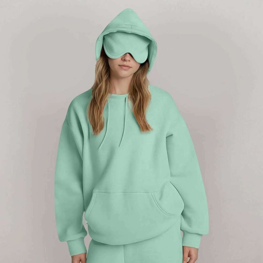 Women's Hooded Sweatshirt With Built-In Eye Mask,Pocket Long Sleeved Solid Color Sports Pullover,Autumn Casual Hoodie
