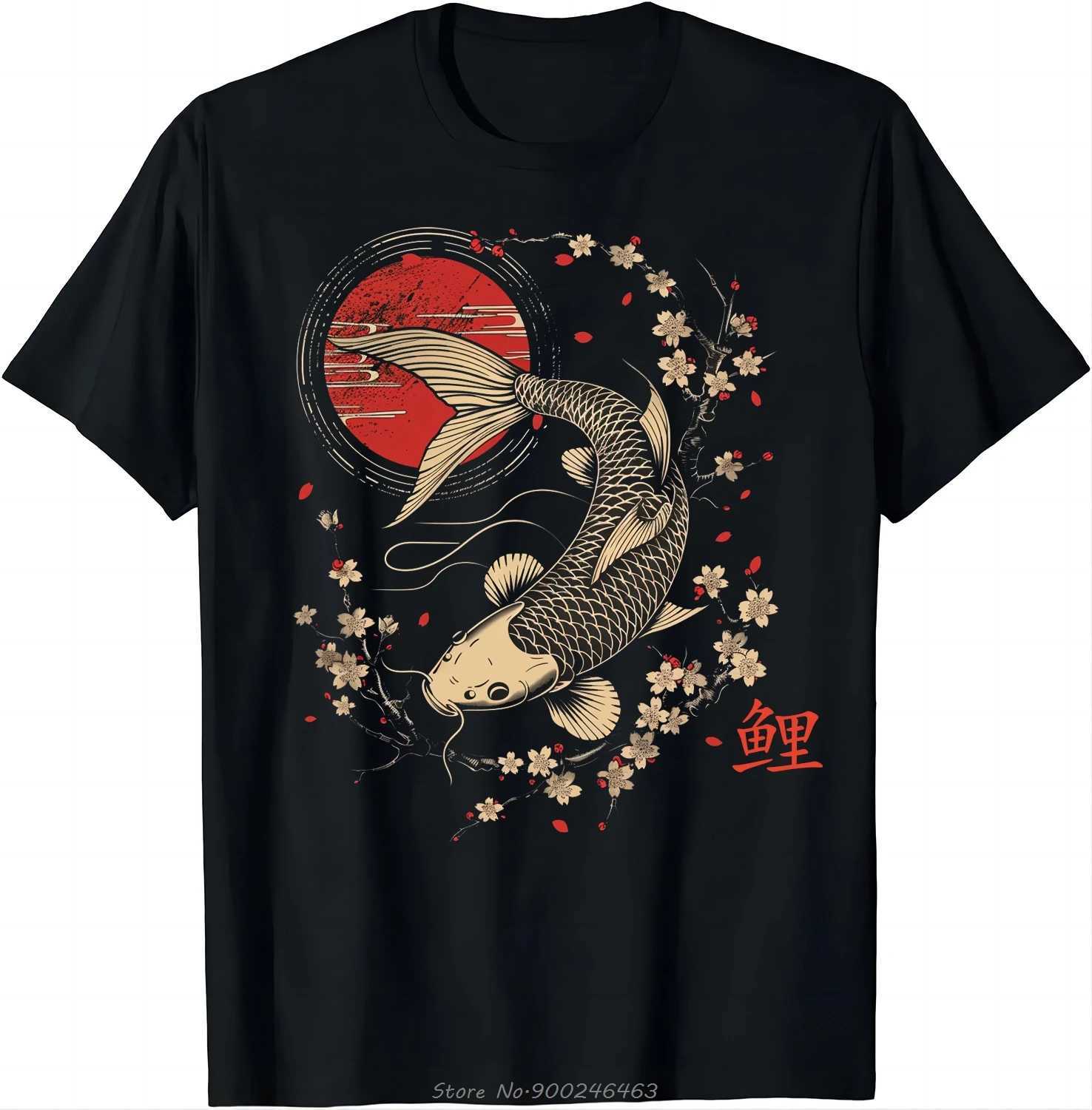 Sakura Koi Carp Fish Japanese Sakura Graphic Art T-shirt Fashion O-neck Top T-shirt Cotton T-shirt Mens Fitness T-shirt W250402