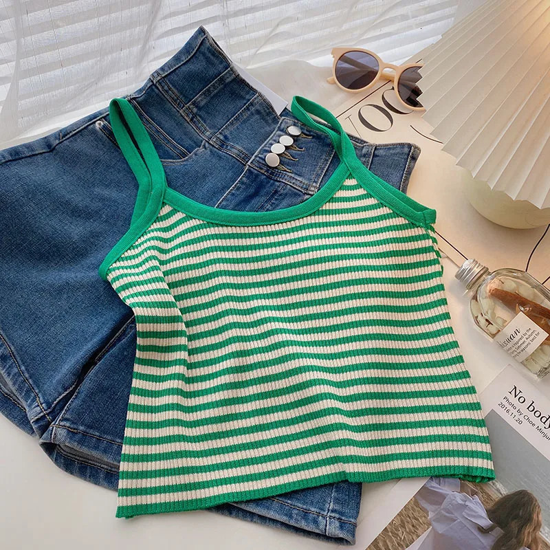 Womens casual white and green striped knitted crop top Korean Oneck Cami womens multicolor optional vest 2025 250403e