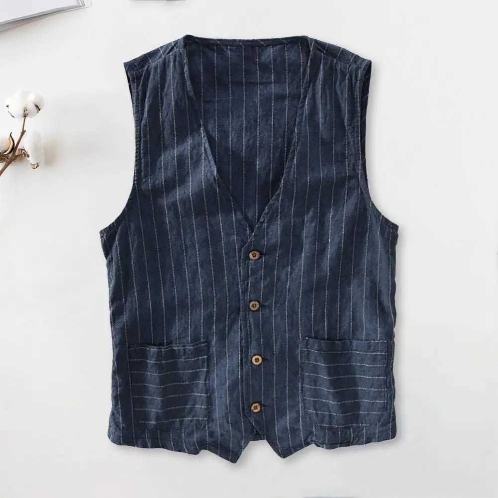 Male Clothing Leisure Suits M-3Xl Summer Linen Vest Thin Vest Men Casual Sleeveless Jacket Stripe Waistcoat X250403