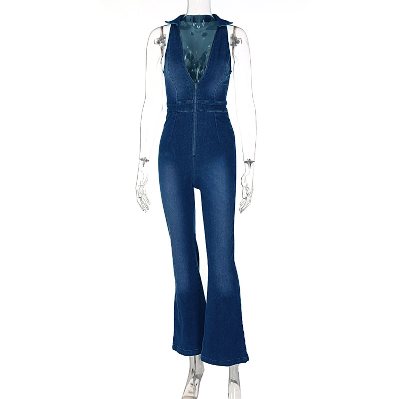 Denim Jumpsuit Women Summer Pockets One Pieces Combinaison Button Down Straight Leg Jeans Long Pants Short Sleeve Vintage Romper