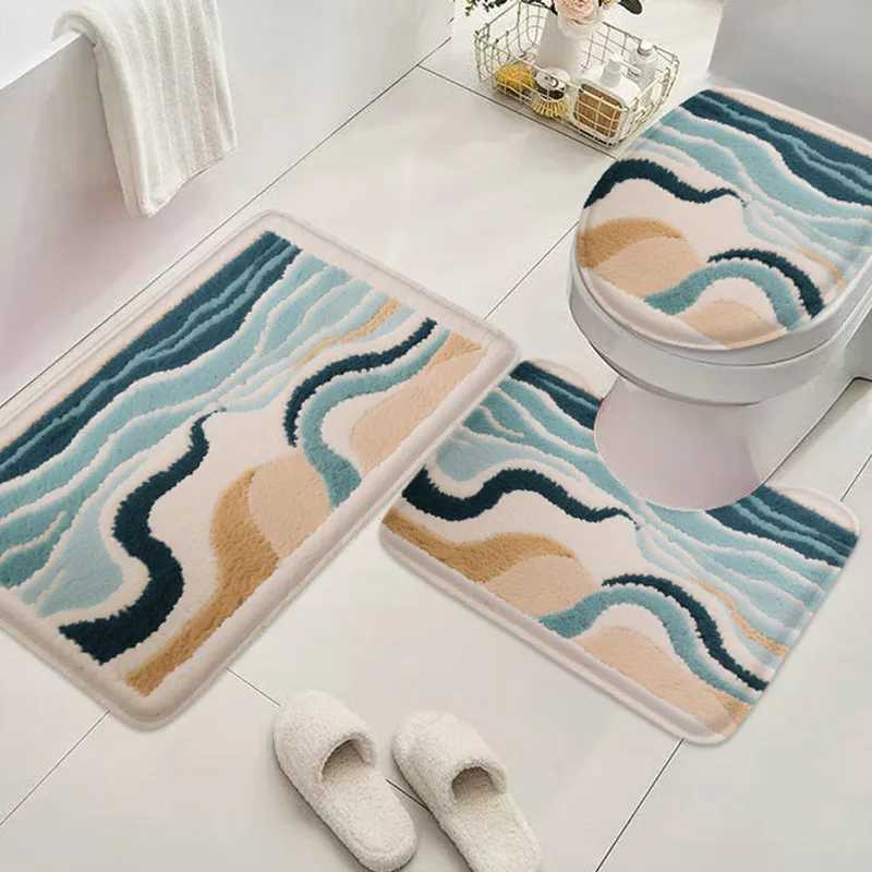 3pcs seahorse bathroom flannel carpet bathroom door mat bathtub anti slip mat U-shaped absorbent floor mat toilet lid mat C251103