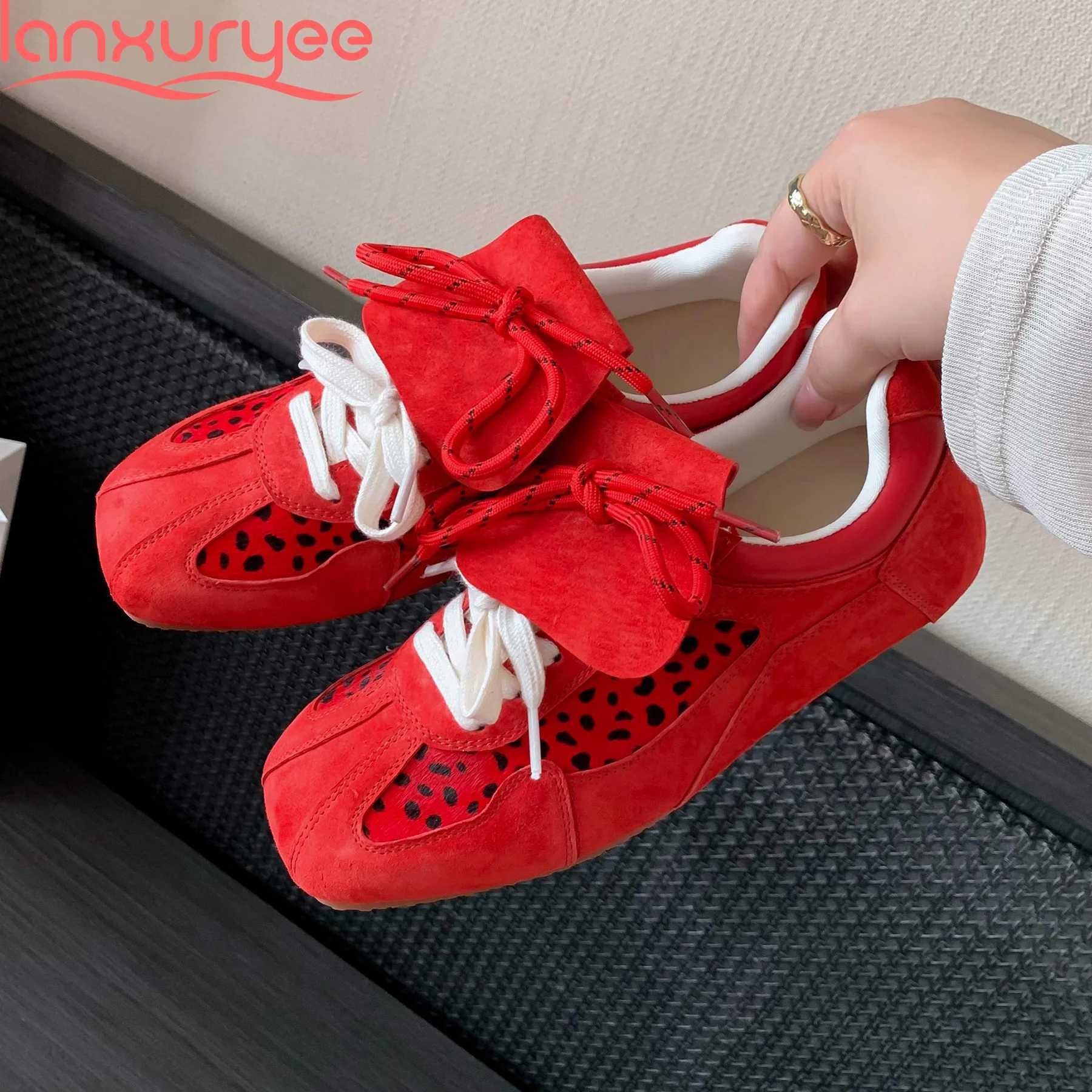 Lanxuryee Cow Suede Horsehair Leopard Spring Autumn Shoes Lace Up Sneakers Butterfly-knot Elegant Casual Women Vulcanized ShoesC250402