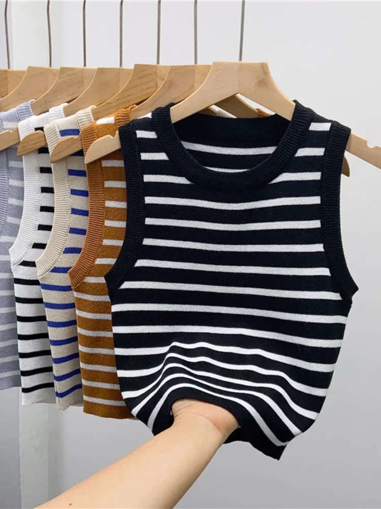 2025 Summer Spring Striped Vest Womens Sleeveless Knitted Tshirt Crop Top Elastic Ultra Thin Casual Zipper 250403e