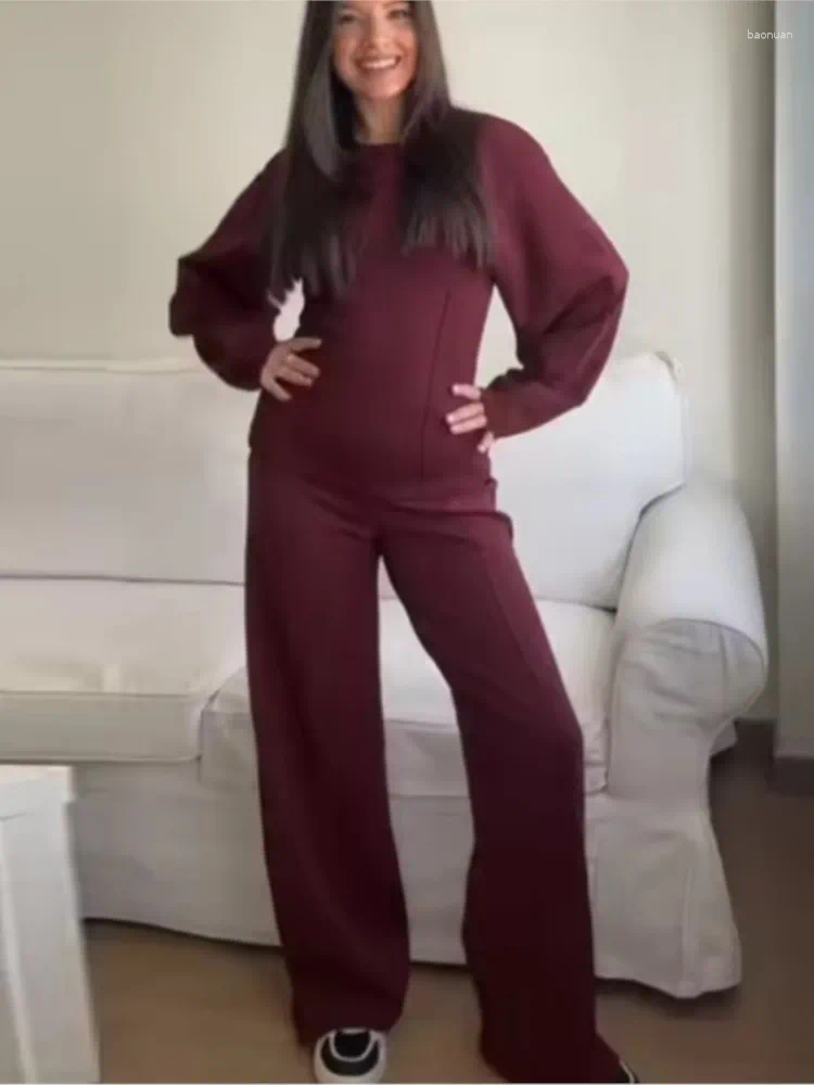 Womens Two-Piece Set Casual Solid Slim O-Neck Top with Long Sleeves & Wide-Leg Pants - Autumn Winter Office Wear C260312