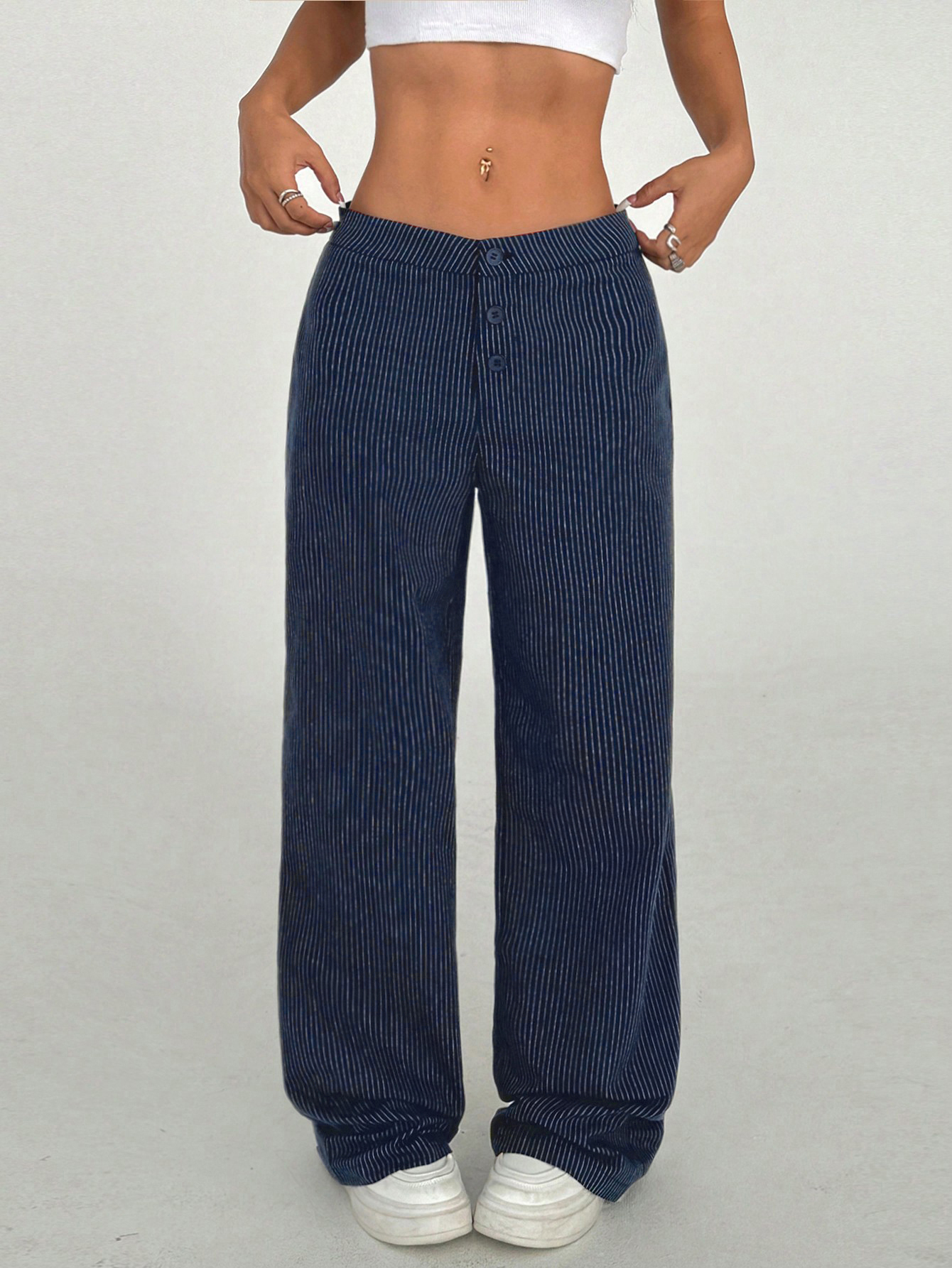 Women's Niche Retro Striped Wide-Leg Pants, American Vintage Minimalist Slim-Fit Trousers in Cotton-Polyester Blend, Office & Daily Wear Pants--1