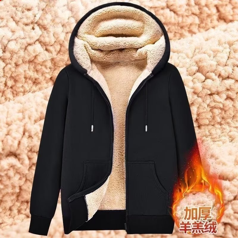 Zipper Hoodie for Men 2025 Autumn Winter New Thickened Fleece Loose Korean Style Solid Color Lamb Wool Hooded Jacket Top