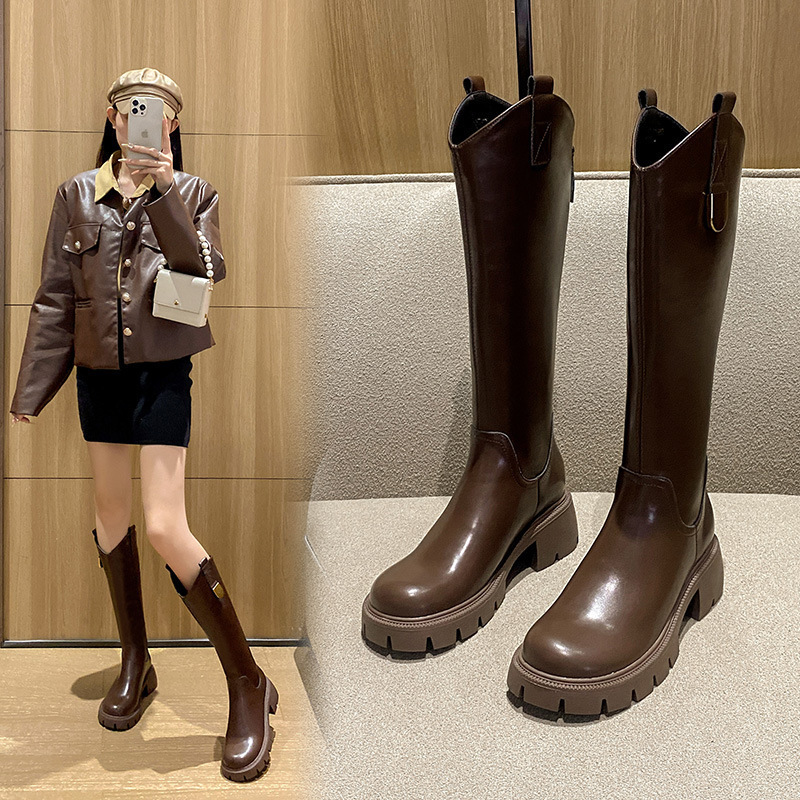 New Genuine Leather Long Boots for Women Autumn and Winter Thick Heel Thick Sole FleeceLined Slim Riding Boots Black Long Boots for Women 250117