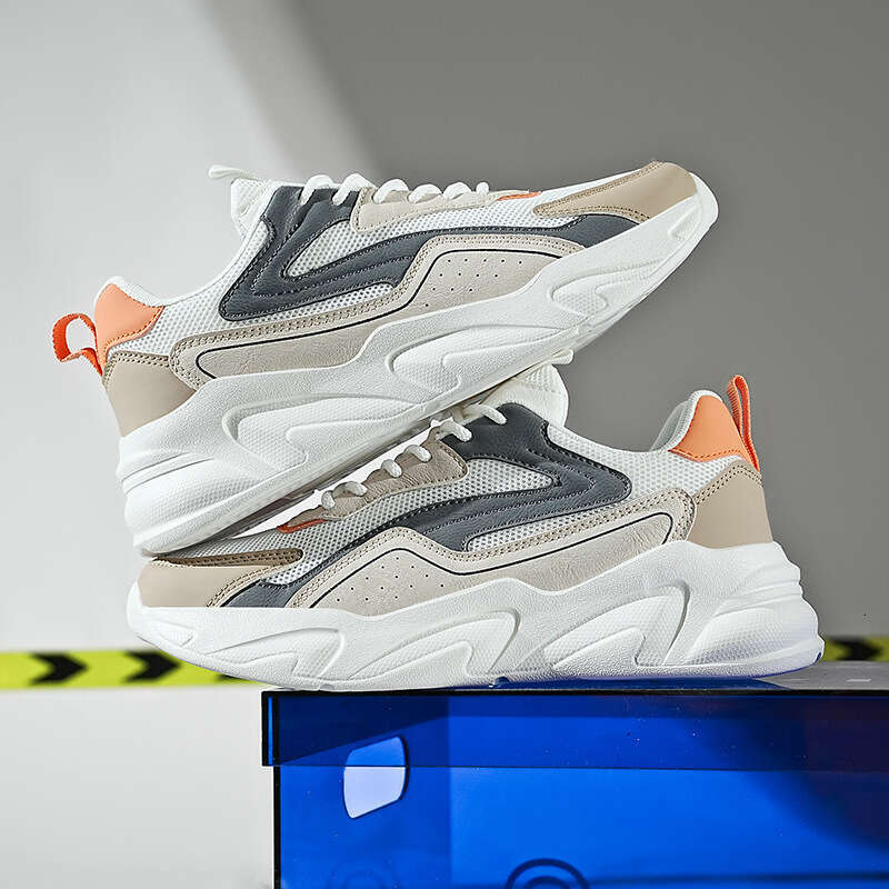 Large size breathable mesh Spring and Autumn new fashionable casual single Men's color blocked sports thick soled white shoes