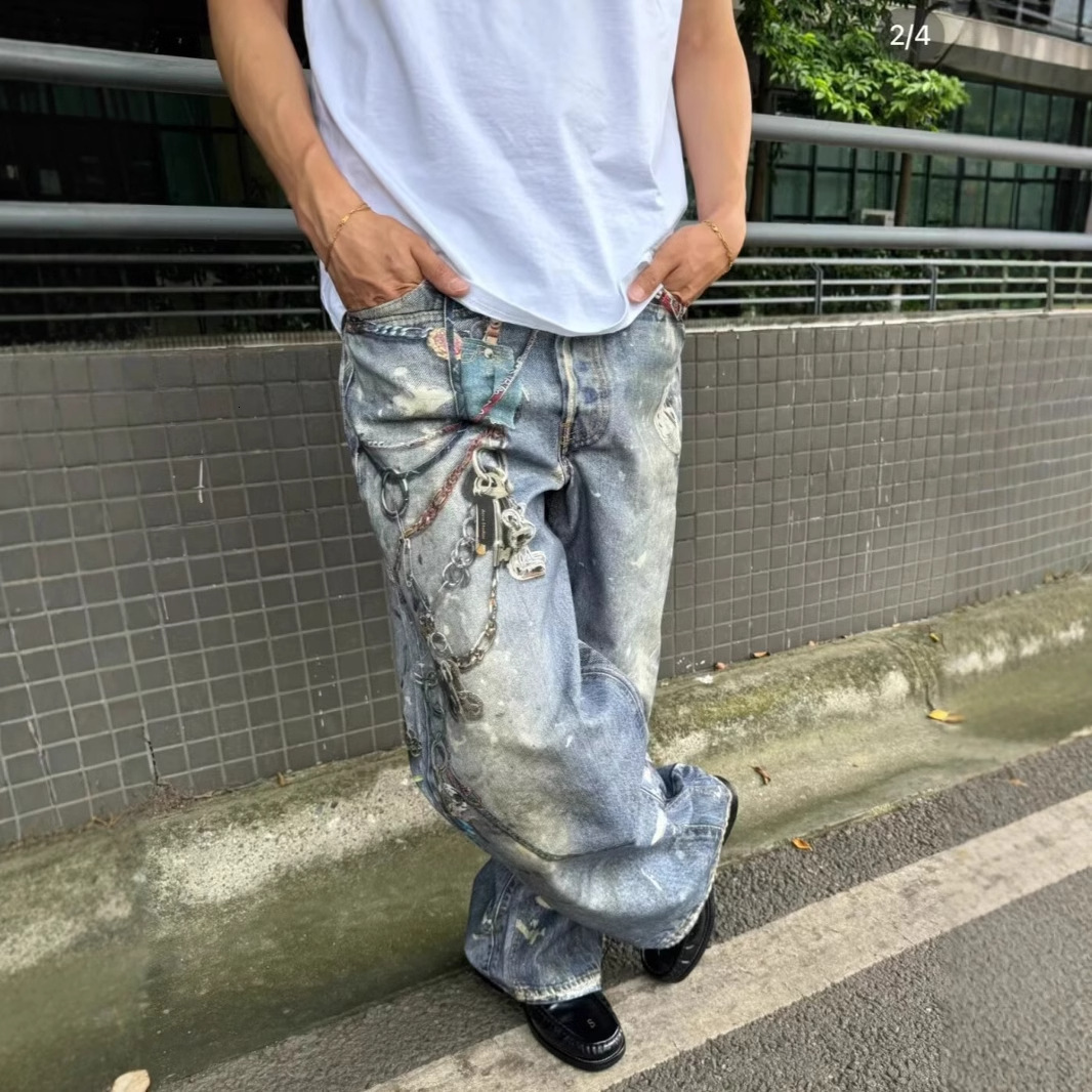 American washed vintage printed jeans men's spring and autumn straight leg loose high street Vibe style long pants
