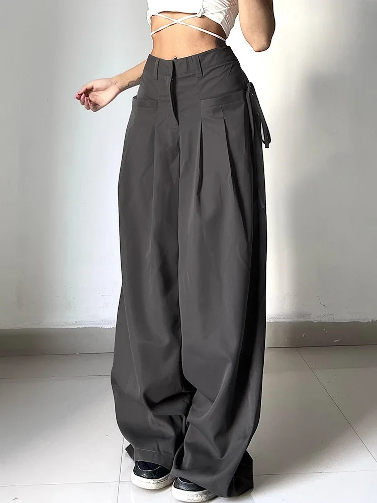 Shirring Casual Wide Leg Women High Waist Street Basic Loose Sweat Trousers Korean Retro Gray Office Y2K Lady Pants Z260312