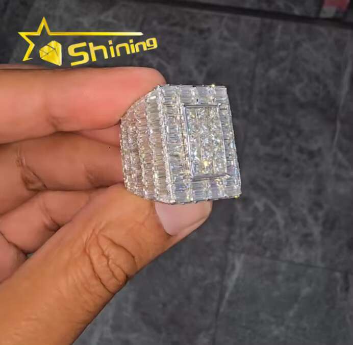 Iced Out VVS Moissanite Baguette Hiphop Championship Rings 925 Sterling Silver Buss Down Sparkling Custom Rings