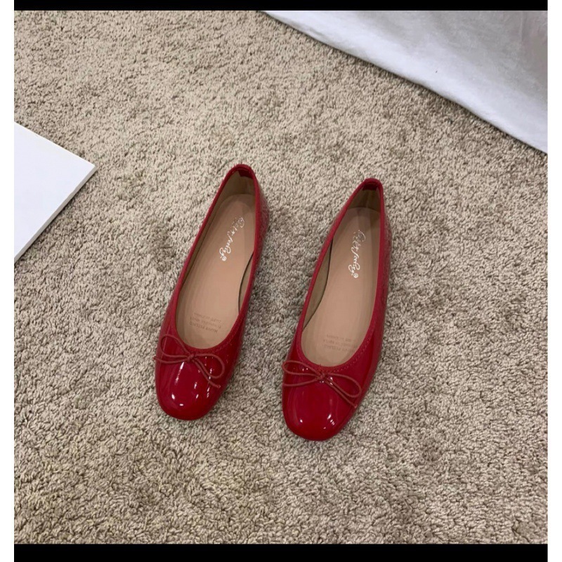 2024 Summer New Fashionable Versatile Butterfly Bow Shallow Mouth Flat Bottom Small Red Single Shoes 241206