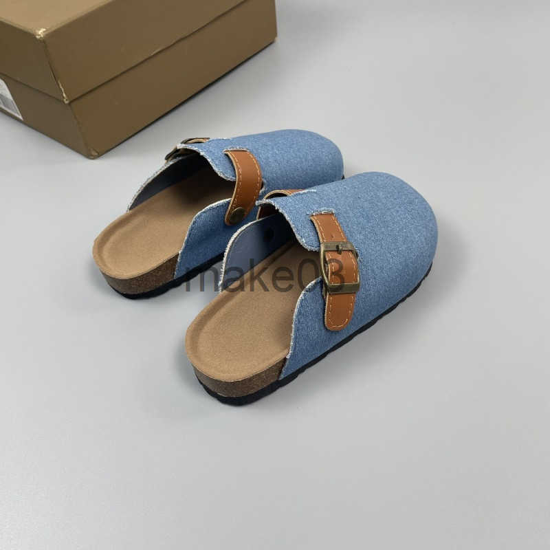 Girls half slippers for wearing outside Haken shoes denim belt buckle spring and summer new style soft soled childrens toe cap mop J250403