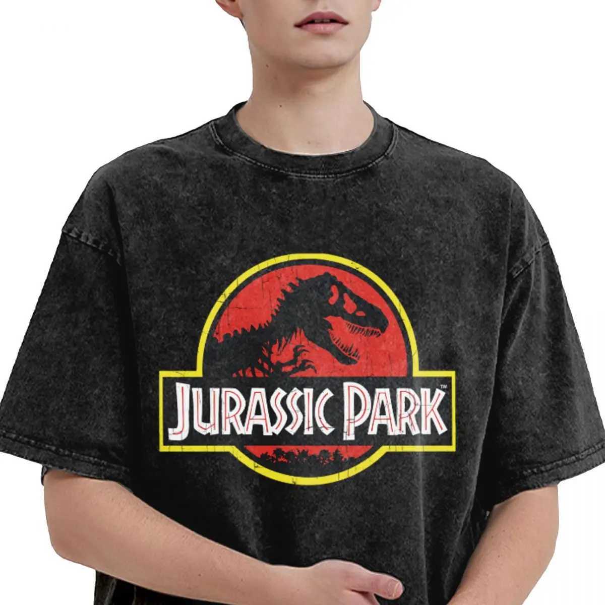 Jurassic Park Washed T Shirt Streetwear Hip Hop Vintage T-Shirt Tees Men Women Cotton Harajuku Graphic X250403