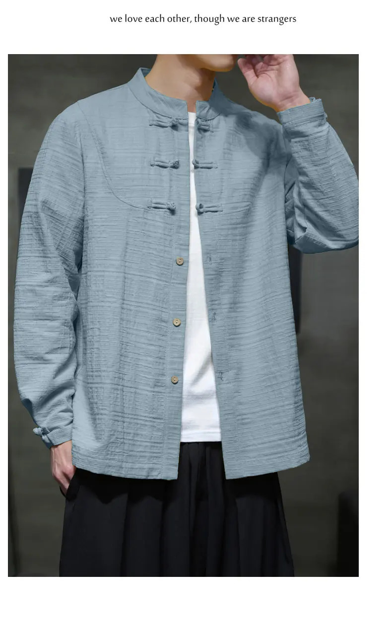 Chinese Style Cotton Linen Shirts for Man Tang Suit Top Traditional Hanfu Long Sleeve Tea Shirt Horse Coat Jacket For Men 250402