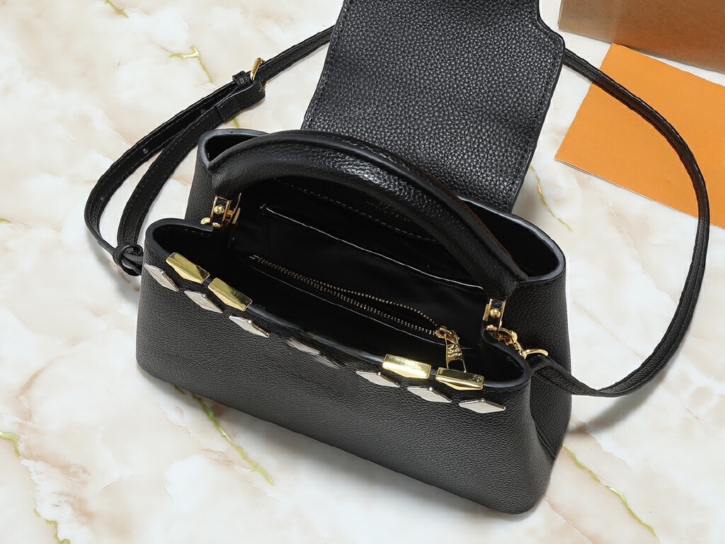 New handbag, cowhide single-shoulder bag, metal diamond-shaped inlaid bag, crossbody bag