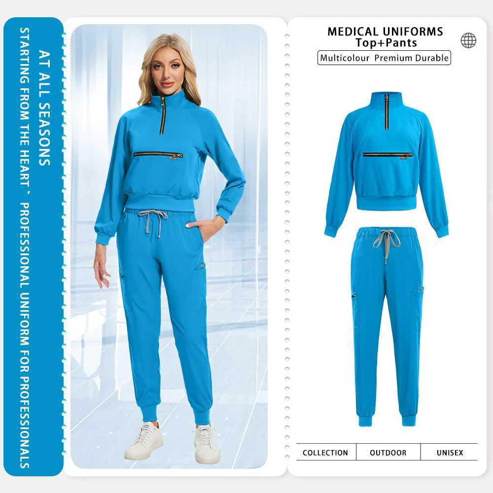 Anesthesiologist Workwear Hospital Surgical Uniforms Woman Medical Nursing Set Long Sleeve Top Pockets Pants Clinical Nurse Suit J251103
