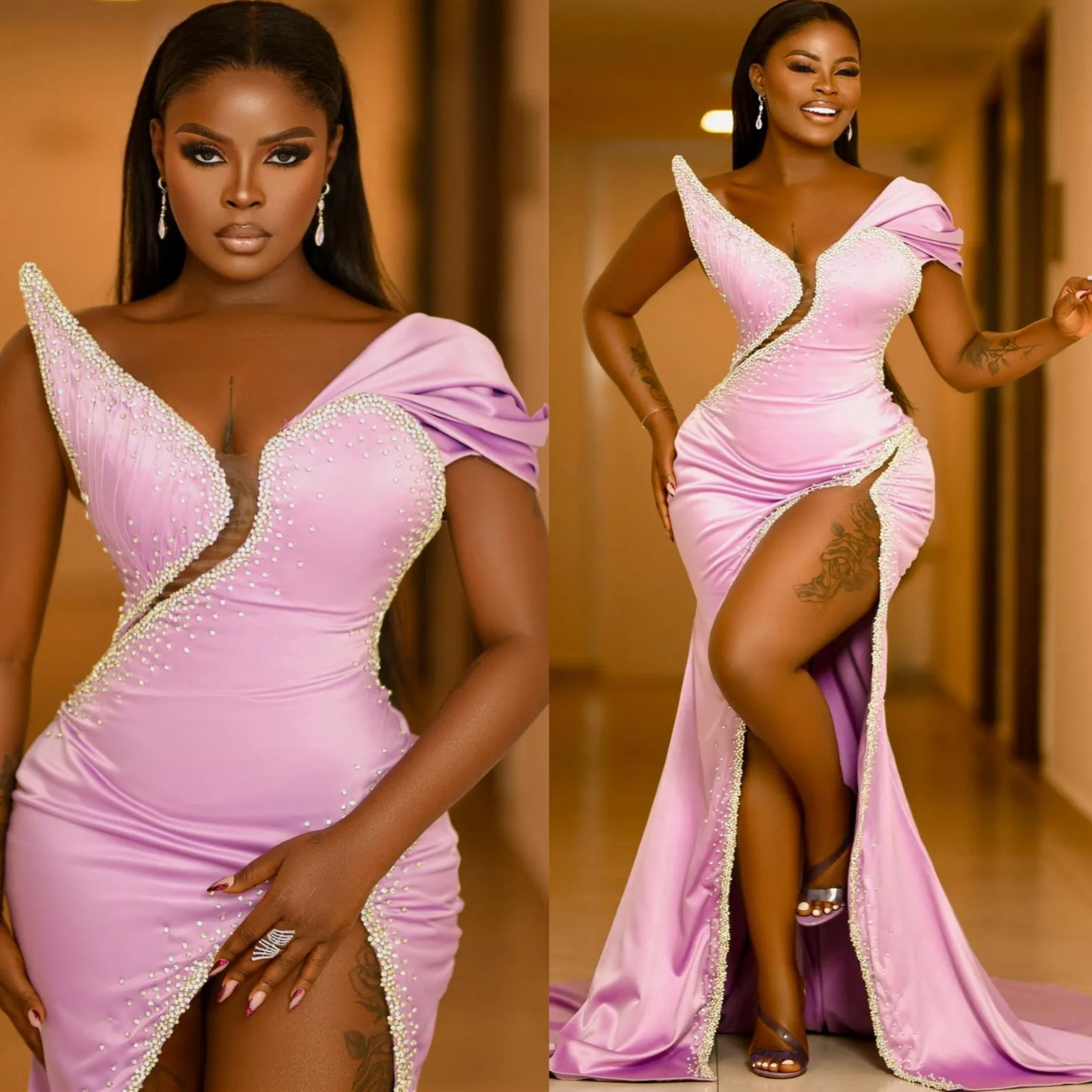 Lilac Mermaid Prom Dress Crystals High Split Satin Evening Formal Party Second Reception Birthday Engagement Gowns Dresses Robe De Soiree