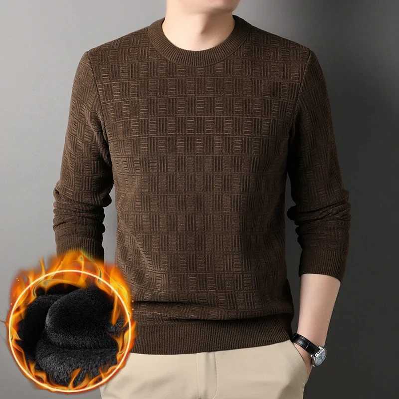 Chenille Winter Warm Sweaters Men Plaid Jacquard O-neck Pullovers Fleece Thick Knitwear Male Business Casual Knitted SweaterT251103