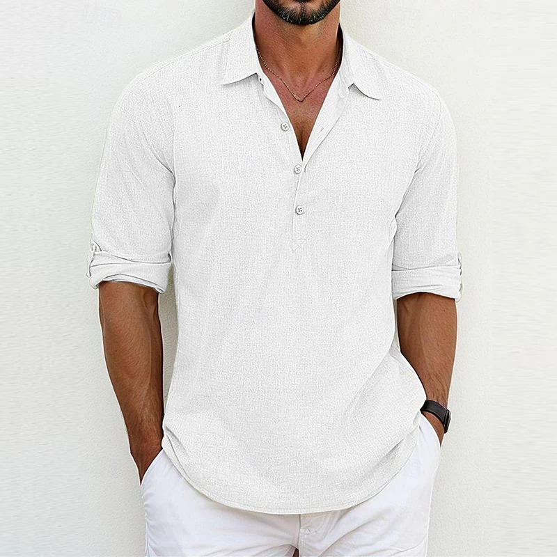 Casual loose cotton linen polo shirt for men summer long sleeved button up collar top fashionable and simple solid color Tshirt 250325