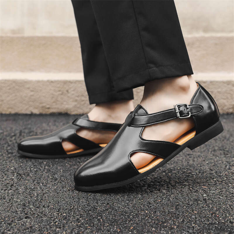 Large 2024 Summer New Style Men's Breathable Hollow Roman Buckle Leather Sandals Men 38-46