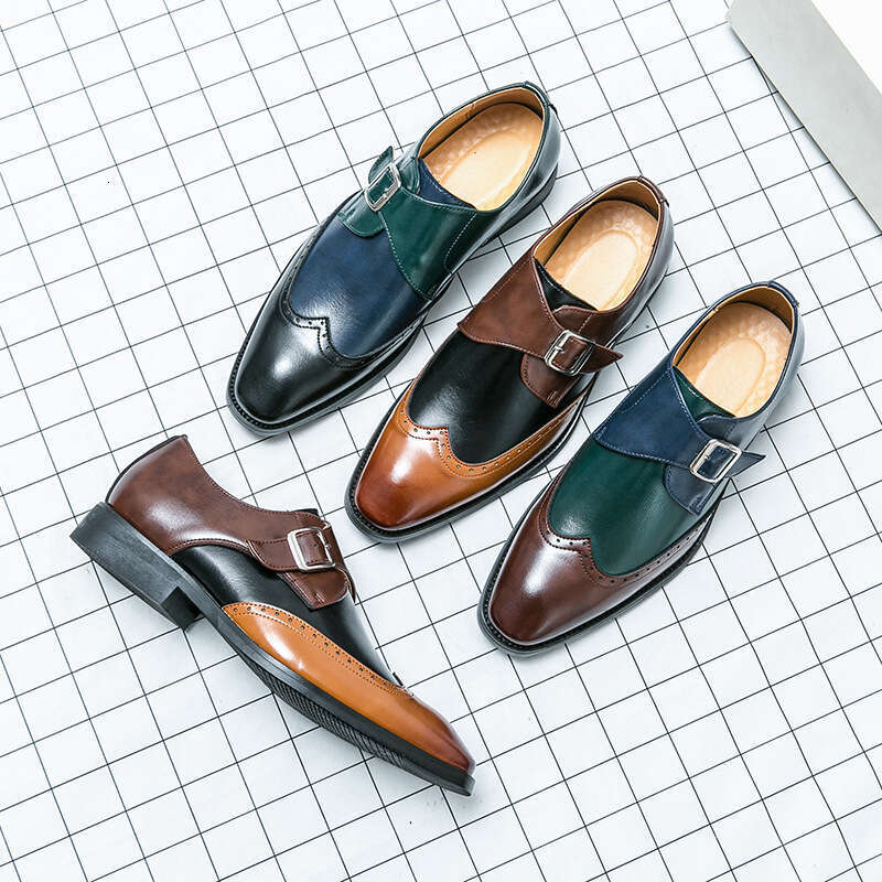 Large men's color matching buckle loafers, business dress casual leather shoes 38-48, groom's wedding shoes, men