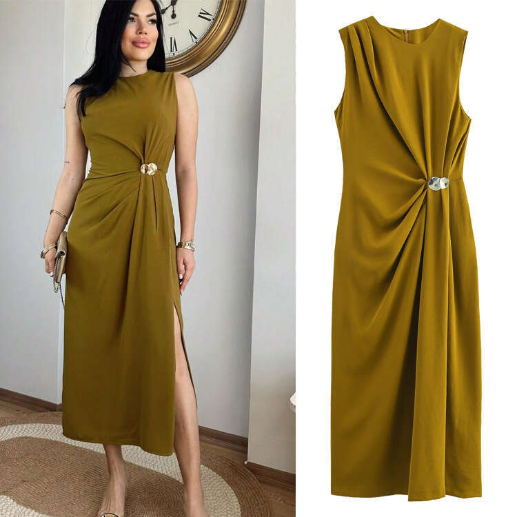 Foreign Trade Amazon Spring Summer New European And American Style Women's Fashion Elegant Sleeveless Pleated Decorative Dress 3E66 666f c10b