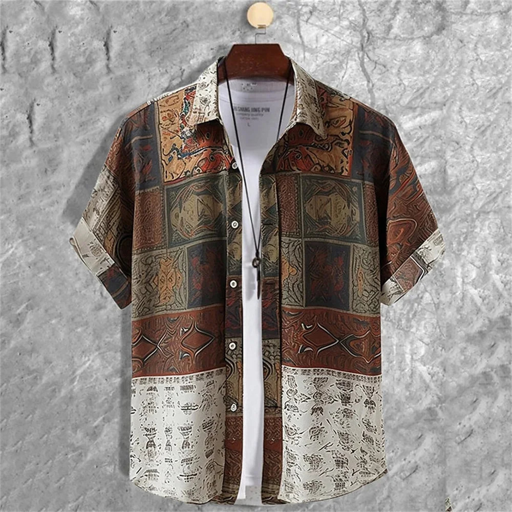 Autumn ethnic style graphic 3D printing holiday button mens clothing shirt casual short sleeved retro top 250403e