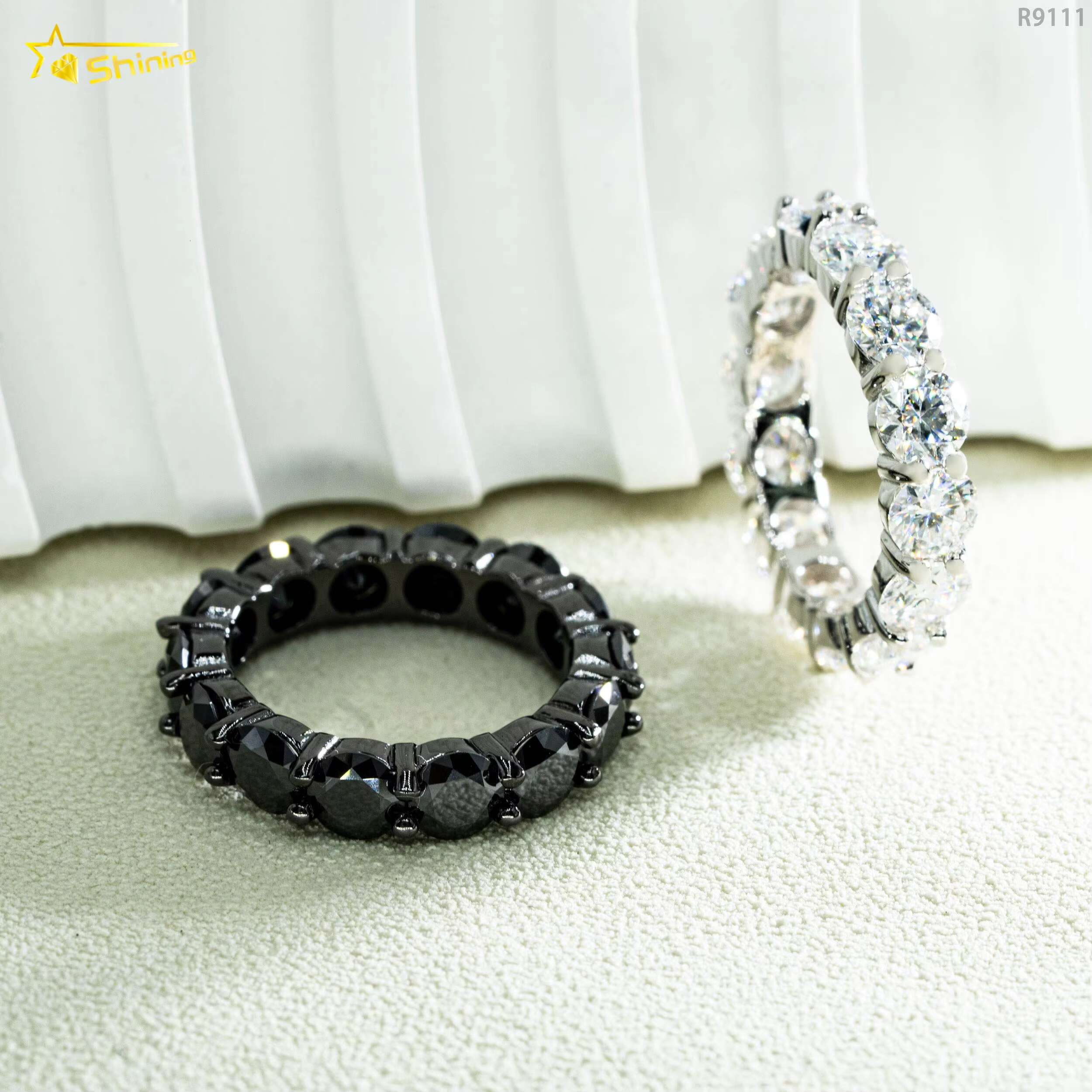 High Quality 5MM Black Clear Stone Eternity 925 Silver Iced Out Wedding Band Diamond Moissanite Ring