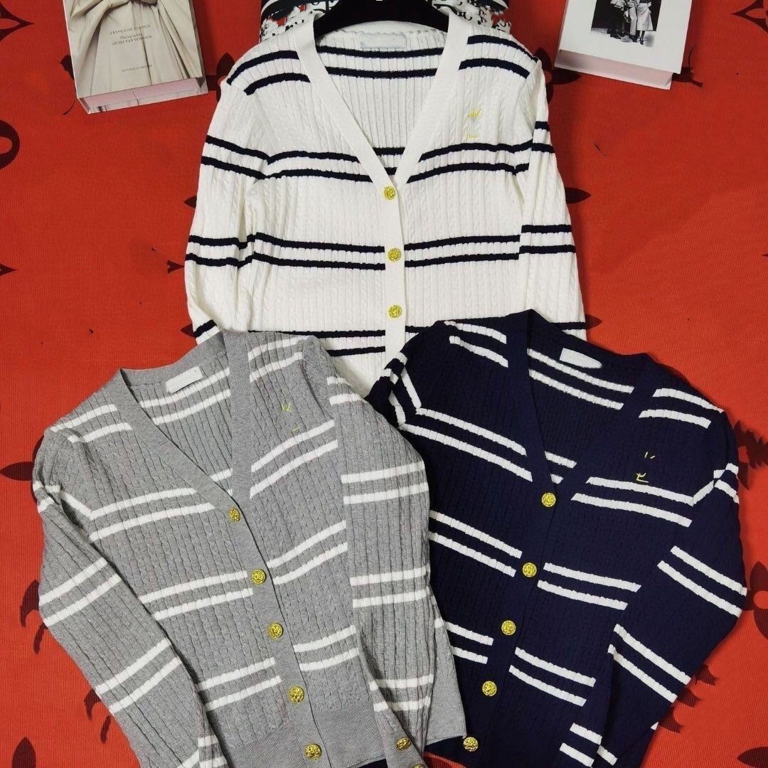 Women v-neck autumn logo letter embroidery long sleeve stripe designer single breasted sweater cardigans casacos SMLXL