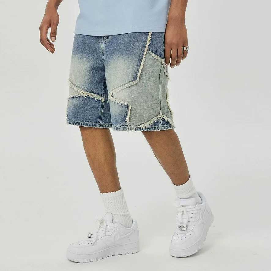 High Strt Washed Stars Patchwork Baggy Jeans Shorts for Men Wide Leg Straight Casual Denim Five Point Pants Oversized X2504031
