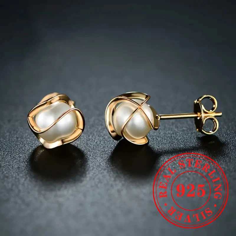Huitan Luxury Imitation Pearl Stud Earrings for Women 925 Sterling Silver Gold Color Accessories Noble Charms Engagement Jewelry C251103