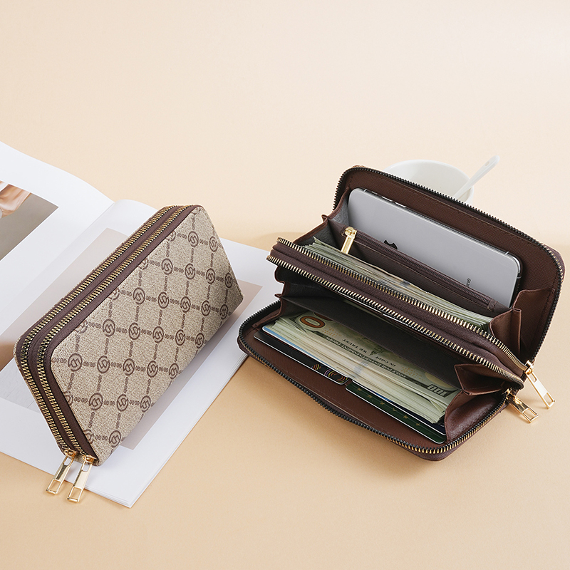 Explosive Double Zipper Retro Vintage Floral Long Wallet for Women, Large Capacity Handbag, Handheld Phone Bag