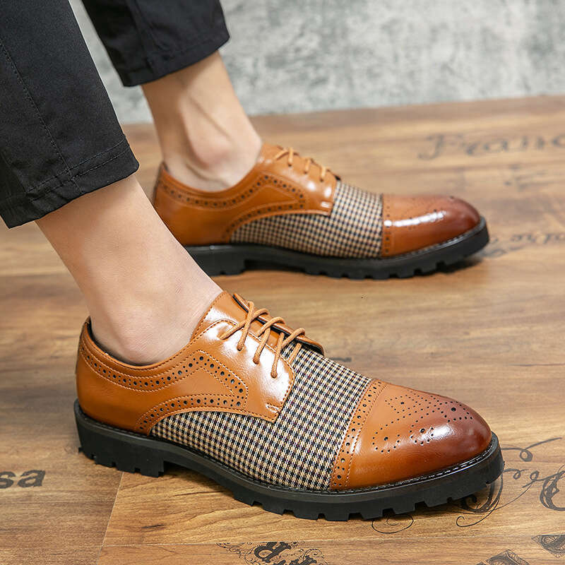 New Spring Fashion Trend Outdoor Large Block Carved Cloth Face Splicing Men's Leather Shoes