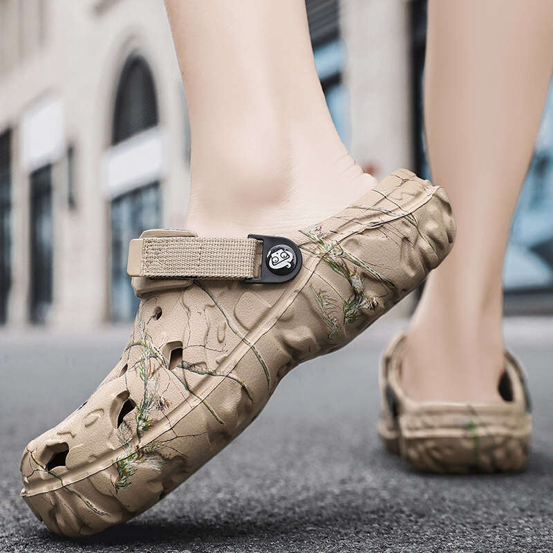 Men's summer travel hollowed out beach shoes in large size, breathable thick soled, perforated shoes, two on, with toe caps, casual sandals