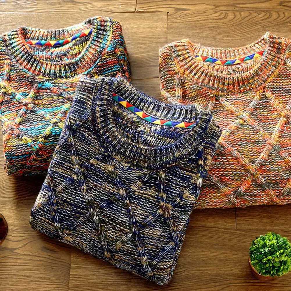 Color Block Crew Neck Sweater Mens Fall Winter Rhombus Texture Knit Sweater with Thermal Insulation Slim Fit Pullover for DailyT251103