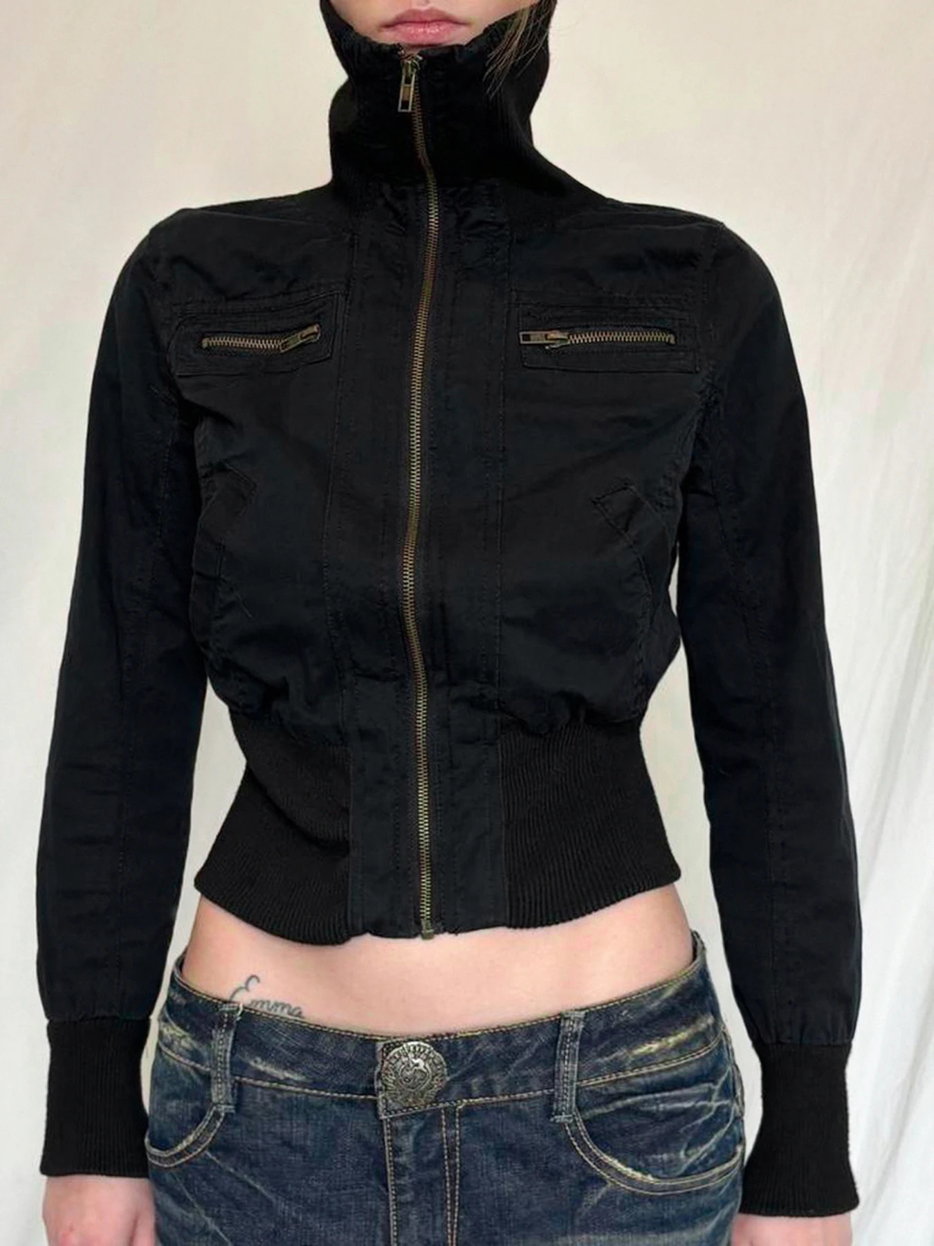 Korean Street Style Black Zip Up Turtleneck Slim Long Sleeve Bomber Jackets For Women 2024 Autumn Fashion Gothic Outwears250324