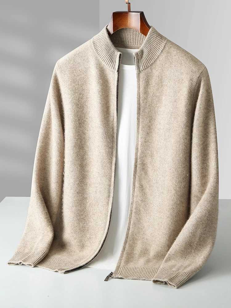 Mens Business Jacket Autumn Winter Sweater Cardigan 100 Merino Wool Sweater Knitted Coat Mock Neck Soft Thick Casual OuterwearT251103