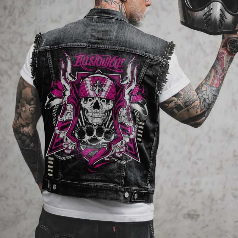 New Mens Fashion Motorcycle Vest Spring Autumn Skull Printed Distressed Hole Sleevless Punk Denim Vest Jackets Black Streetwear X250403