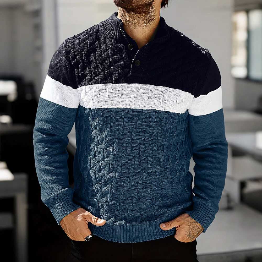 Mens Sweater Autumn Warm Contrasting Color Shawl Collar Pullover Long Sleeve Fit Casual Cable Knit Tops US SizeT251103