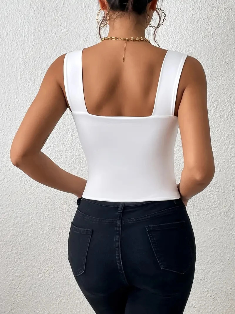 2024 square neck sleeveless summer crop top white womens black casual basic Tshirt shoulder cami sexy backless vest 250403e