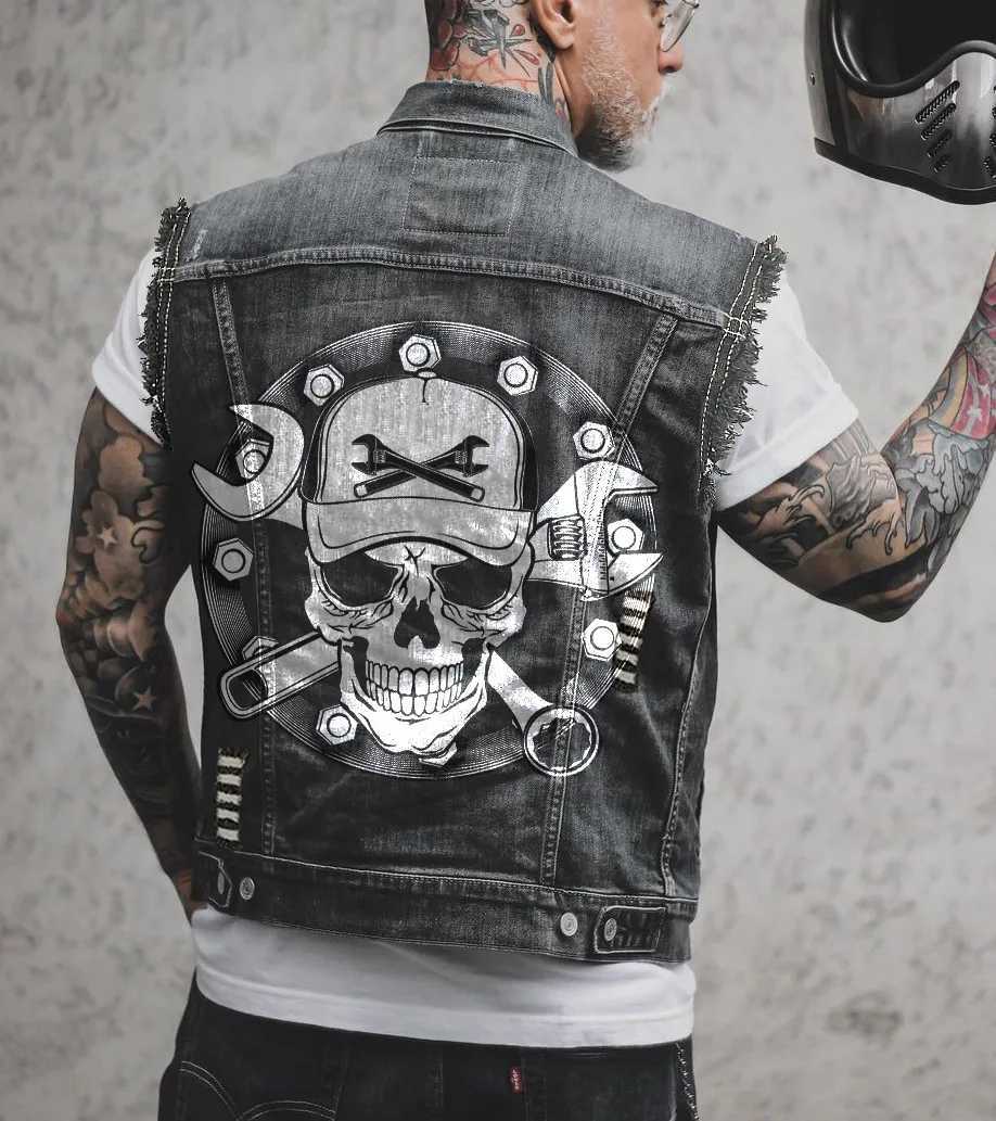 Mens Spring/Summer New Outdoor Cycling Motorcycle Punk Print Pattern Hollow Out Raw Edge Sleeveless Tank Top Denim Jacket X250403