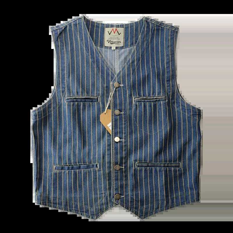 Spring New Japanese Retro Denim Striped Cargo Vest Mens Fashion Pure Cotton Washed Sleeveless V-neck Multi-pocket Casual Coat X250403