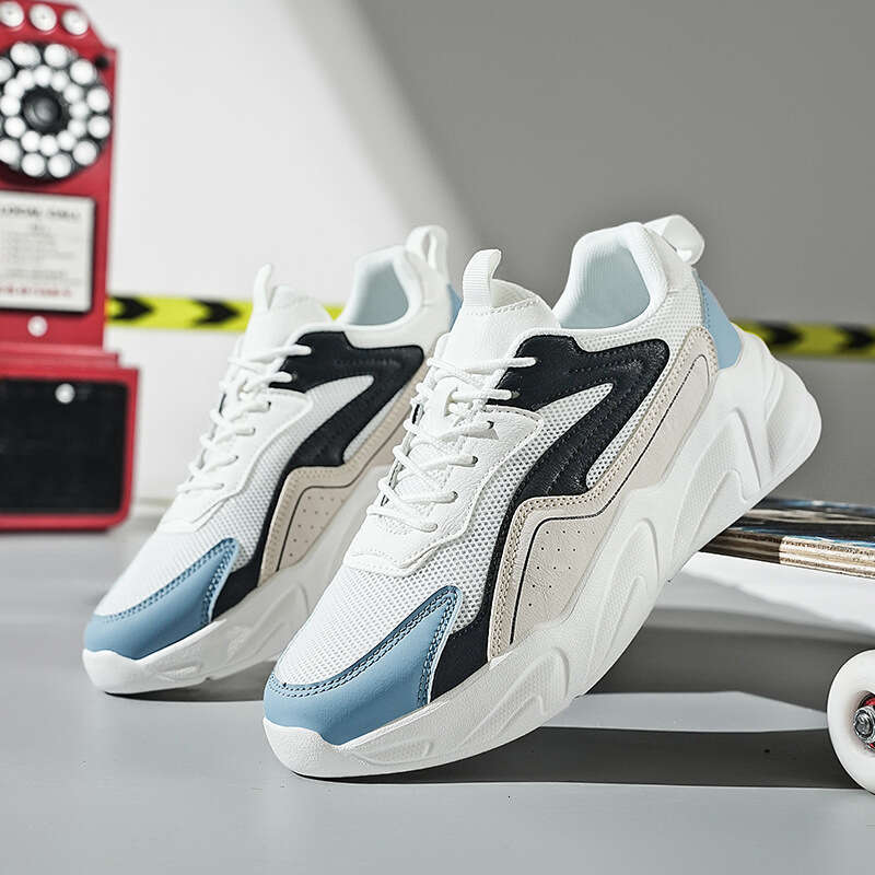 Large size breathable mesh Spring and Autumn new fashionable casual single Men's color blocked sports thick soled white shoes
